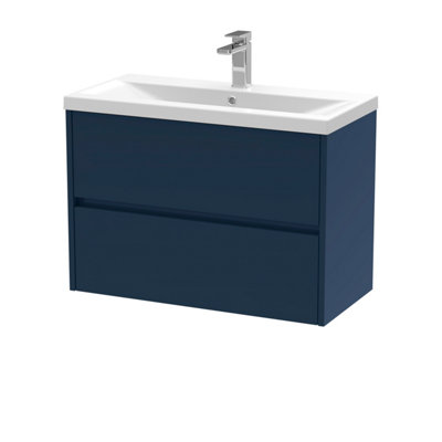 Square Wall Hung 2 Drawer Vanity Unit & Ceramic Basin, 800mm - Midnight Blue