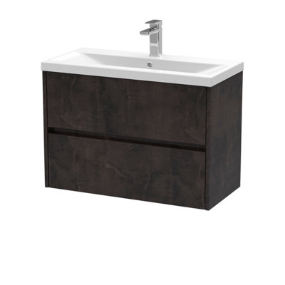 Square Wall Hung 2 Drawer Vanity Unit & Ceramic Basin, 800mm - Textured Matt Metallic Slate