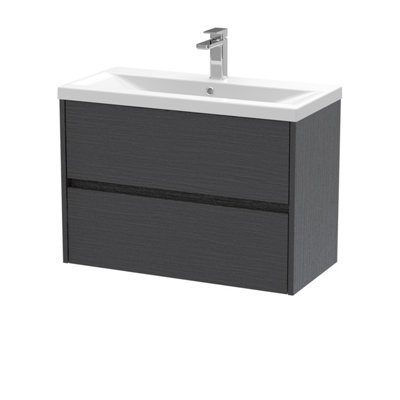 Square Wall Hung 2 Drawer Vanity Unit & Ceramic Basin, 800mm - Woodgrain Graphite Grey