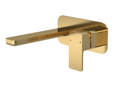 Square Wall Mount 2 Tap Hole Basin Mixer Tap & Back Plate - Brushed Brass