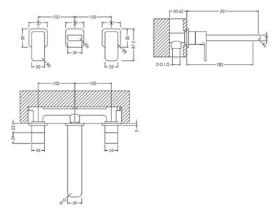Square Wall Mount 3 Tap Hole Basin Mixer Tap - Chrome