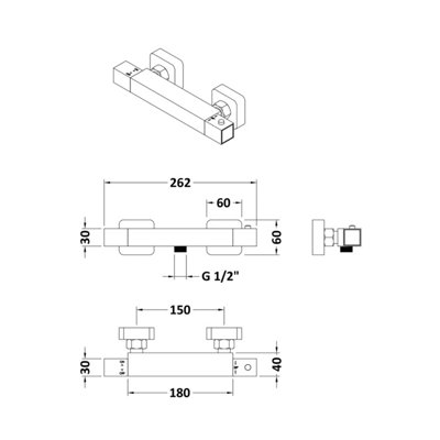Square Wall Mount Shower Thermostatic Bar Valve Tap (Kit Not Included) - Chrome - Balterley