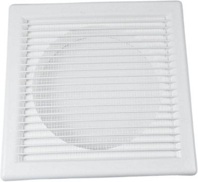 Square White Ventilation Grille with Flyscreen -Round 100mm or 4 inch Spigot - Vent Cover for Bathroom/ Kitchen - Louvered Grill