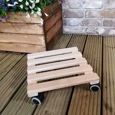 Square Wooden Garden Patio Plant Flower Pot Stand Caddy Trolley on Castors 29x29cm