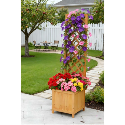 Square Wooden Garden Planter with Trellis Outdoor Flower Box for ...