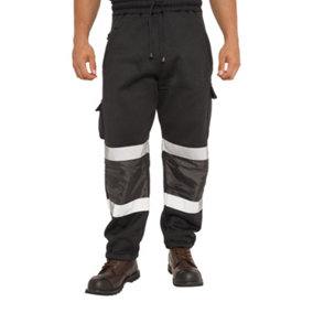 SSS Hi Viz Trouser High Visibility Mens Work Trouser Safety Fleece Worker Pants Reflective Fluorescent Joggers-Black-XXL