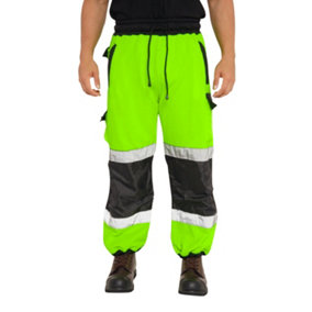 SSS Hi Viz Trouser High Visibility Mens Work Trouser Safety Fleece Worker Pants Reflective Fluorescent Joggers-Green-L
