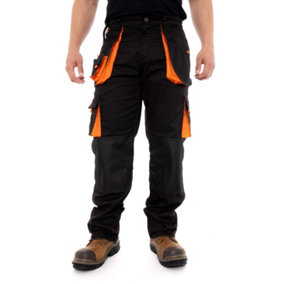 SSS Mens Work Trousers Cargo Knee Pad Pockets Workwear Pants, Black-Orange, 30in Waist-30in Leg-Small