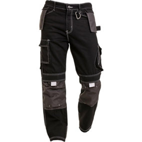 SSS Mens Work Trousers Mens Holster Pockets with Knee Pad Black Cargo Pants 32in Waist - 30in Leg.