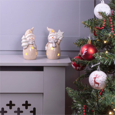 St Helens Home and Garden Festive Ceramic Light Up Christmas Snowmen Ornament - Pair