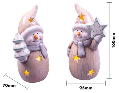 St Helens Home and Garden Festive Ceramic Light Up Christmas Snowmen Ornament - Pair