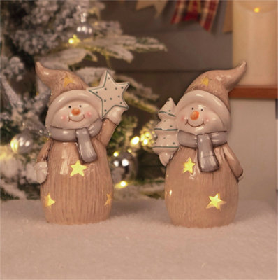 St Helens Home and Garden Festive Ceramic Light Up Christmas Snowmen Ornament - Pair