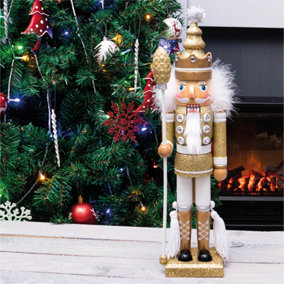 St Helens Home and Garden Gold & White Nutcracker with Staff Christmas Decoration Ornament