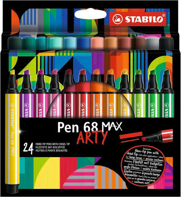 STABILO Pen 68 MAX-Premium Fibre-Tip Pen with Chisel Tip -  - ARTY - Pack of 24 - Assorted Colours