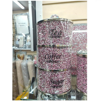 Stackable Diamond Crushed Tea Coffee Sugar Canisters Jars Round Pink