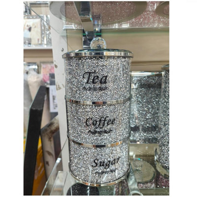 Stackable Diamond Crushed Tea Coffee Sugar Canisters Jars Round Silver