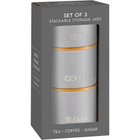 Stackable Tea Coffee Sugar Storage Jars 3Pk Round Grey