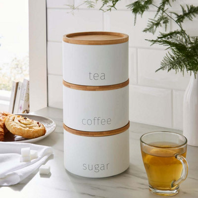 Stackable Tea Coffee Sugar Storage Jars 3Pk Round White DIY at B&Q