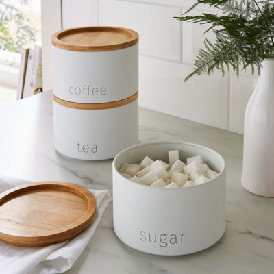 Stackable Tea Coffee Sugar Storage Jars 3Pk Round White