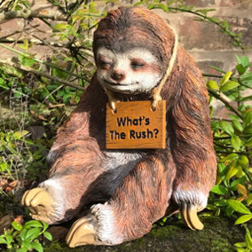Stacy the Sleepy Sloth ornament with removable 'What's The Rush' Sign home or garden ornament