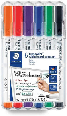 STAEDTLER 341 WP6 Lumocolor whiteboard compact markers, pack of 6 assorted colours