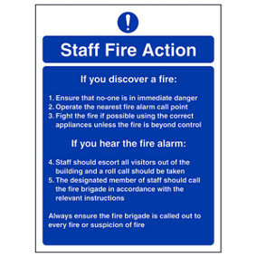 Staff Fire Action Blue Background Sign - Adhesive Vinyl 150x200mm (x3)