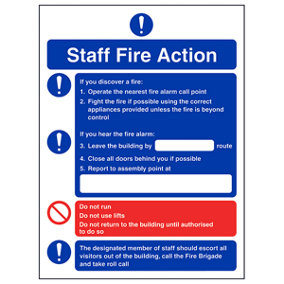 Staff Fire Action Procedure Safety Sign Rigid Plastic - 150x200mm (x3)