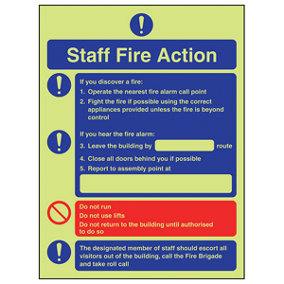 Staff Fire Action Procedure Sign - Glow in the Dark - 150x200mm (x3)