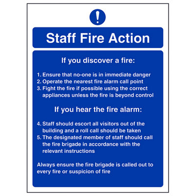 Staff Procedure Fire Action Safety Sign - Rigid Plastic 200x300mm (x3)