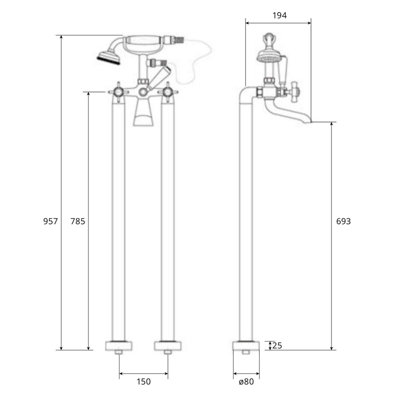STAFFORD TRADITIONAL CHROME FREESTANDING BATH SHOWER MIXER COMPLETE WITH HANDSET