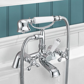Stafford Victorian Traditional Deck Mounted Cross Head Bath Shower Mixer Tap With Handheld Kit