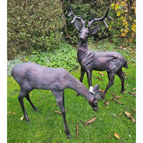 Stag and Doe Deer Pair Extra Large Sculptures - Cast Aluminium with Bronze Finish