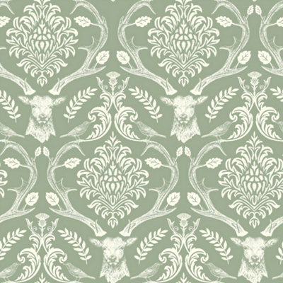 Stag Damask Sage Green Wallpaper