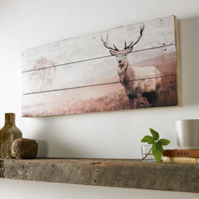 Stag Print On Wood Landscape Wall Art