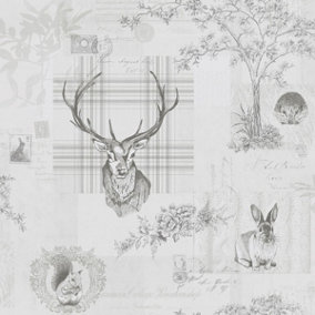 Stag Wallpaper Grey Charcoal Woodland Animal Print Rustic Rabbit Trees Flowers