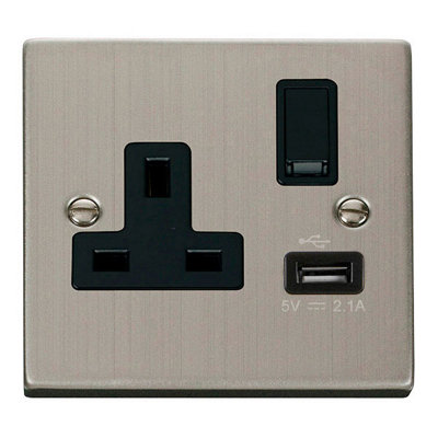 Stainless Steel 1 Gang 13A DP 1 USB Switched Plug Socket Black Trim