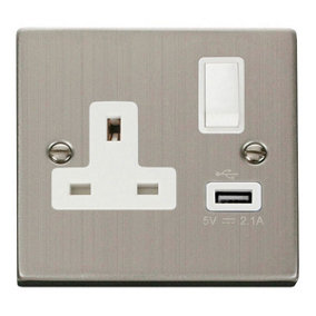 Stainless Steel 1 Gang 13A DP 1 USB Switched Plug Socket - White Trim - SE Home