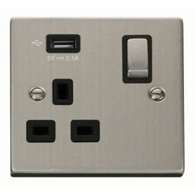 Stainless Steel 1 Gang 13A DP Ingot 1 USB Switched Plug Socket - Black Trim - SE Home