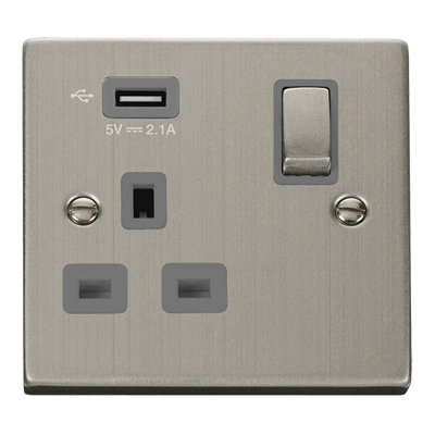 Stainless Steel 1 Gang 13A DP Ingot 1 USB Switched Plug Socket - Grey Trim - SE Home Price Comparisons | Compare The Build