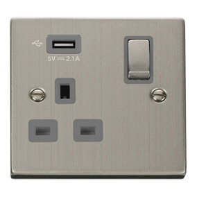 Stainless Steel 1 Gang 13A DP Ingot 1 USB Switched Plug Socket - Grey Trim - SE Home