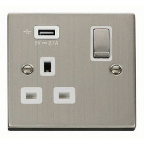 Stainless Steel 1 Gang 13A DP Ingot 1 USB Switched Plug Socket - White Trim - SE Home