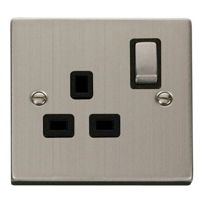 Stainless Steel 1 Gang 13A DP Ingot Switched Plug Socket - Black Trim - SE Home