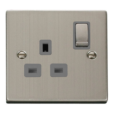 Stainless Steel 1 Gang 13A DP Ingot Switched Plug Socket - Grey Trim - SE Home