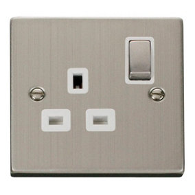 Stainless Steel 1 Gang 13A DP Ingot Switched Plug Socket - White Trim - SE Home