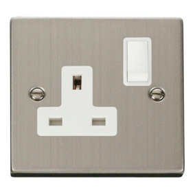 Stainless Steel 1 Gang 13A DP Switched Plug Socket - White Trim - SE Home