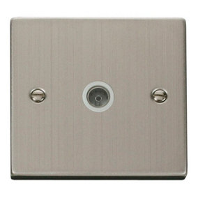Stainless Steel 1 Gang Single Coaxial TV Socket - White Trim - SE Home