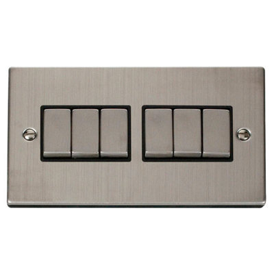 Stainless Steel 10A 6 Gang 2 Way Ingot Light Switch - Black Trim - SE Home
