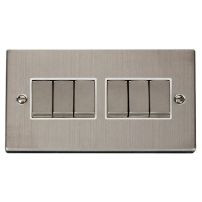 Stainless Steel 10A 6 Gang 2 Way Ingot Light Switch - White Trim - SE Home