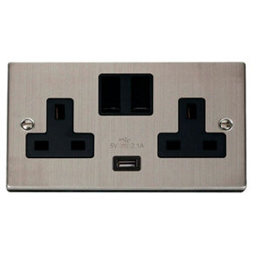Stainless Steel 2 Gang 13A 1 USB Twin Double Switched Plug Socket - Black Trim - SE Home