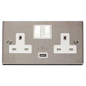 Stainless Steel 2 Gang 13A 1 USB Twin Double Switched Plug Socket - White Trim - SE Home
